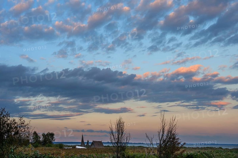 Fishing hut in reeds (Phragmites australis) on the banks of the lagoon, evening cloudy sky, Ahrenshoop, DarÃŸ, Mecklenburg-Western Pomerania, Germany
