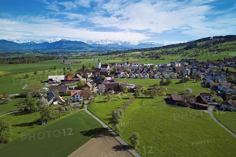 View of town, Rigi and the snowy Alps in the back, Beinwil, Freiamt, Canton, Aargau, Switzerland