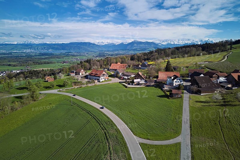 View of the hamlet of Brunnwil, with Rigi and the snowy Alps in the back, Beinwil, Freiamt, Canton, Aargau, Switzerland