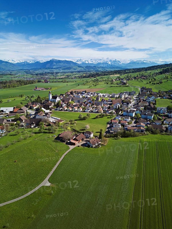 View of the village with Rigi and the snowy Alps in the back, Beinwil, Freiamt, Canton, Aargau, Switzerland