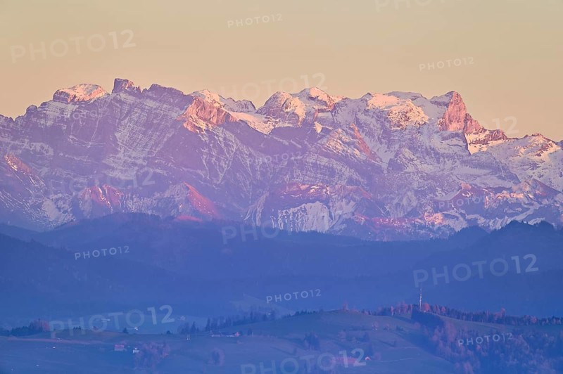 View of Zugerberg from Horben, behind it the snow-covered mountains FlÃ¼brig and VrenelisgÃ¤rtli, in the evening light, Beinwil-Freiamt, Canton, Aargau, Switzerland, Europe -