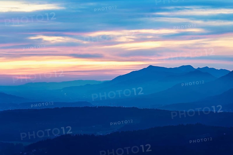 View of the Jura foothills from the Gisliflue, in the light of dusk, Talheim, Canton, Aargau, Switzerland