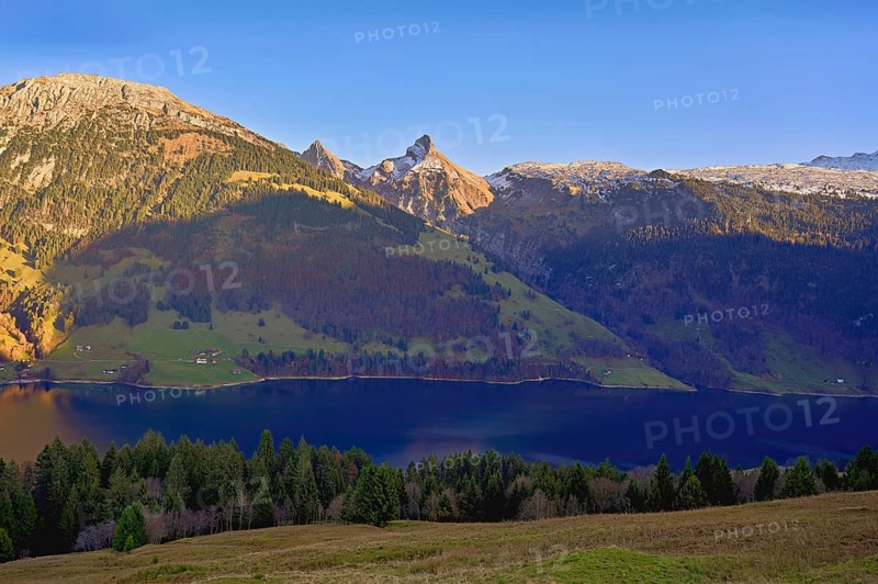 View of Lake WÃ¤gitalersee with Schiberg and Zindelspitz in the background, Canton, Schwyz, Switzerland