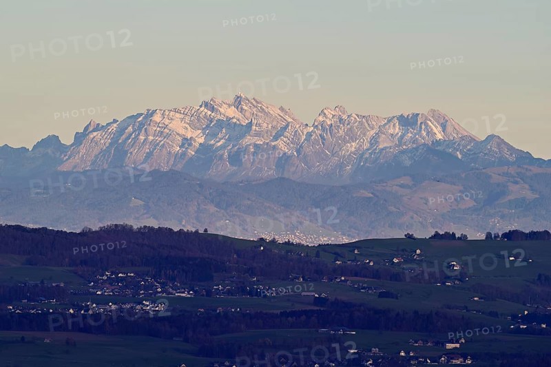 View from Horben of the Alpstein Mountains with the SÃ¤ntis, Beinwil-Freiamt, Canton, Aargau, Switzerland