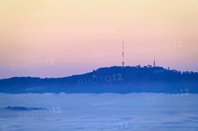 Uetliberg with transmission tower over the sea of fog, Canton, Zurich, Switzerland