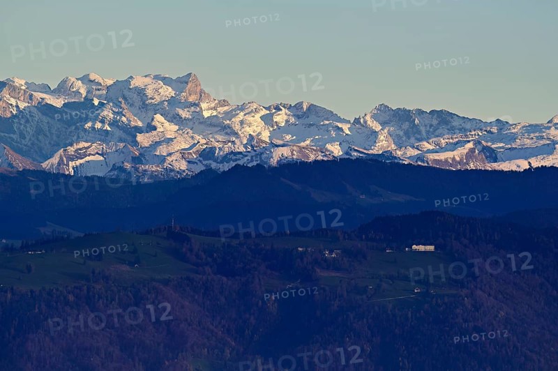 View from Horben of Zugerberg and the snow-covered BÃ¤chlistock, Beinwil-Freiamt, Canton, Aargau, Switzerland