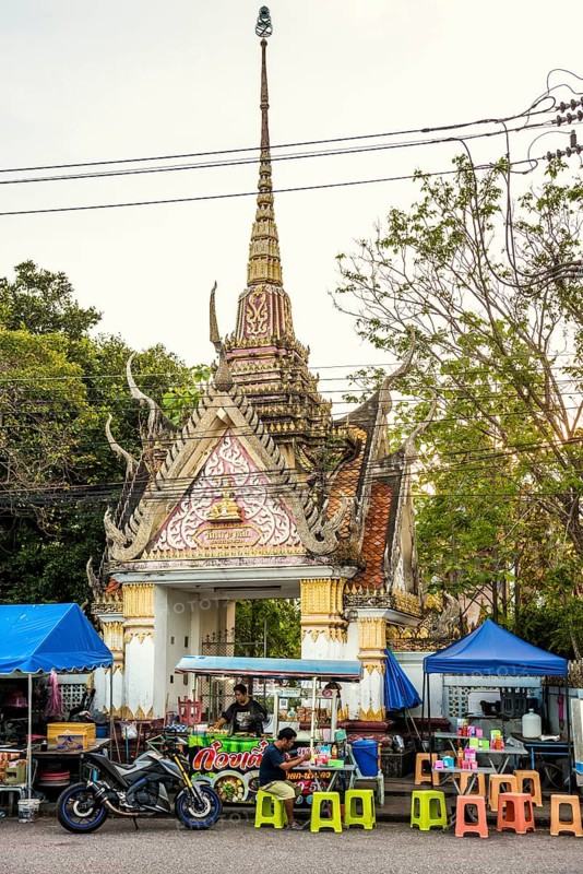 Food stand in front of a temple, Prachuap Khiri Khan, Prachuap Khiri Khan Province, Central Thailand, Thailand