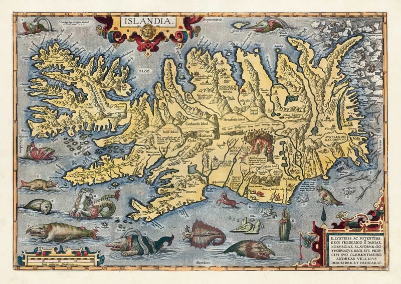 One of the most famous Iceland maps from the Renaissance, Islandia, hand-colored copper engraving by Abraham Ortelius with sea monsters, Hella volcano and polar bears in drift ice, from Theatrum Orbis Terrarum, 1585