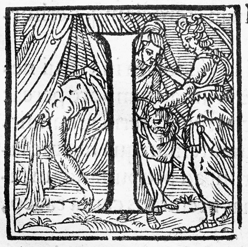 Judith with the Head of Holofernes, woodcut, initial I, from: Ulysses Aldrovandi (1522-1603), Ornithologiae hoc est de avibus Historiae Libri XII, Bologna, 1599