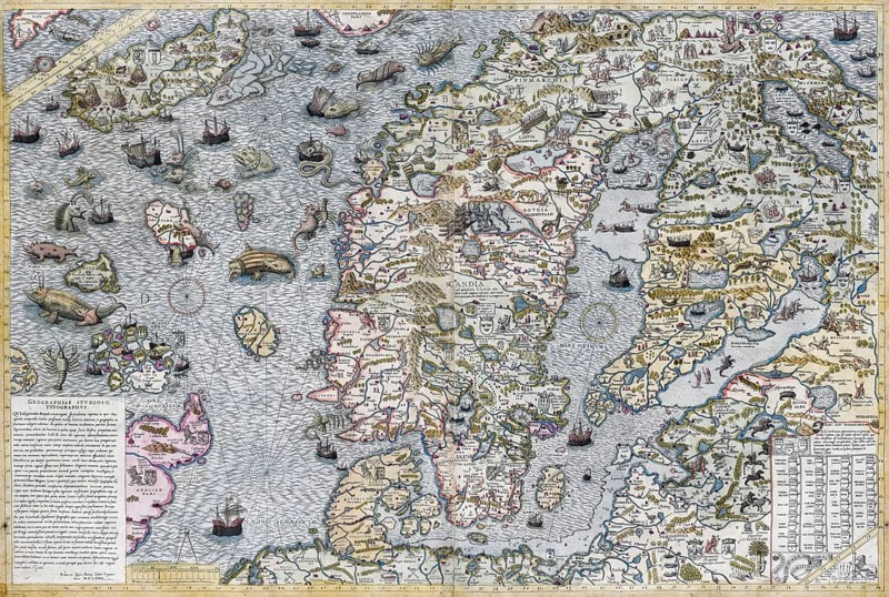 Carta marina et descriptio septemtrionalium terrarum ac mirabilium rerum in ice contentarum diligentissime elaborata anno domini 1539 (nautical chart and description of the Nordic countries and their wonders, carefully executed in the year of the Lord 1539), original by Olaus Magnus, here copy, hand-colored copper engraving by Antonio Lafreri, 1572