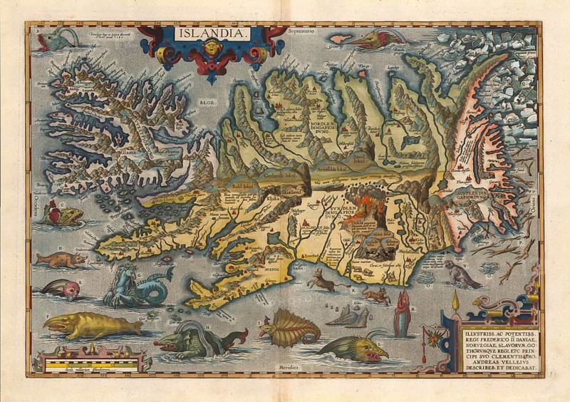 One of the most famous Iceland maps from the Renaissance, Islandia, hand-colored copper engraving by Abraham Ortelius with sea monsters, Hella volcano and polar bears in drift ice, from Theatrum Orbis Terrarum, 1585
