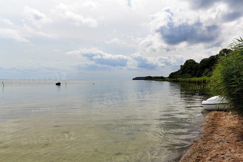 Coastal landscape with boat on water, sunny summer weather, haze, MÃ¶nchgut, RÃ¼gen, Germany