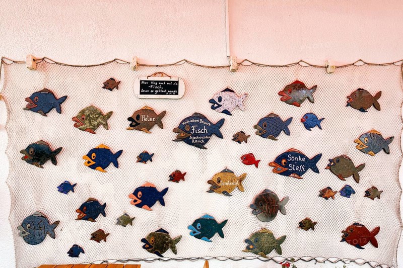 Maritime decoration, various wooden fish in a fishing net, funny signs, garden restaurant, Mönchgut, RÃ¼gen, Germany