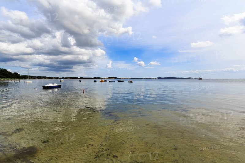 Picturesque coastal landscape with boats on water, sunny summer weather, MÃ¶nchgut, RÃ¼gen, Germany