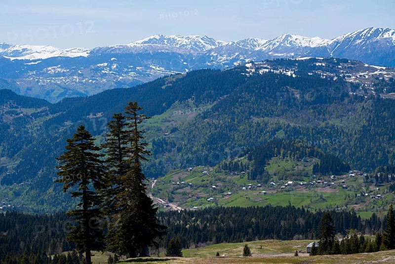 Snow-capped mountains with green valleys and scattered villages, view from Goderdzi Pass, Ajara region, Adjara, autonomous republic, Georgia