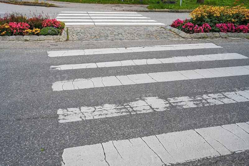 Street with zebra crossing and flower bed, Lenggries, Isarwinkel, Upper Bavaria, Bavaria, Germany