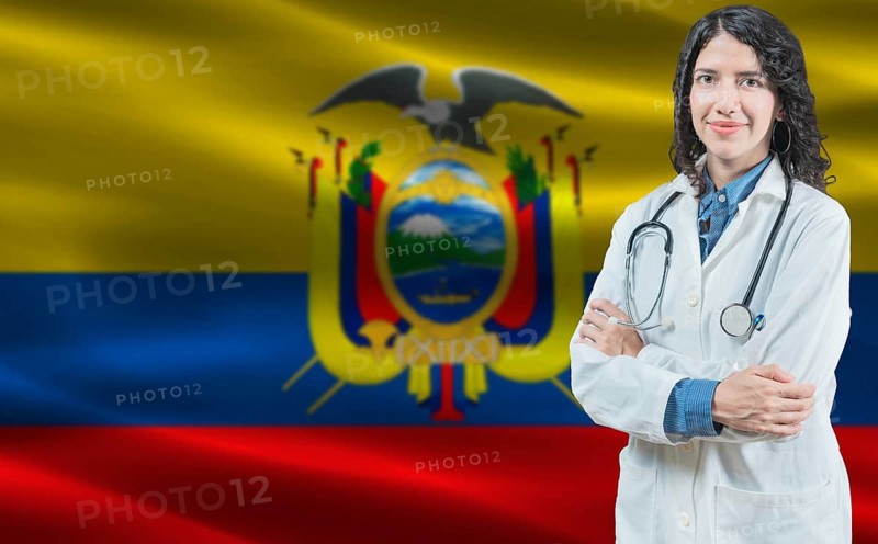 Ecuadorian medicine and healthcare concept. Doctor close up against Ecuador flag background