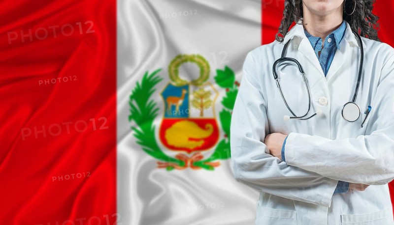 Medical professional on Peru flag. Healthcare and wellness in Peru, Concept