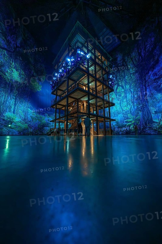 Tall structure with fascinating light installation in a blue room, Amazonia exhibition, Gasometer, Pforzheim, Germany