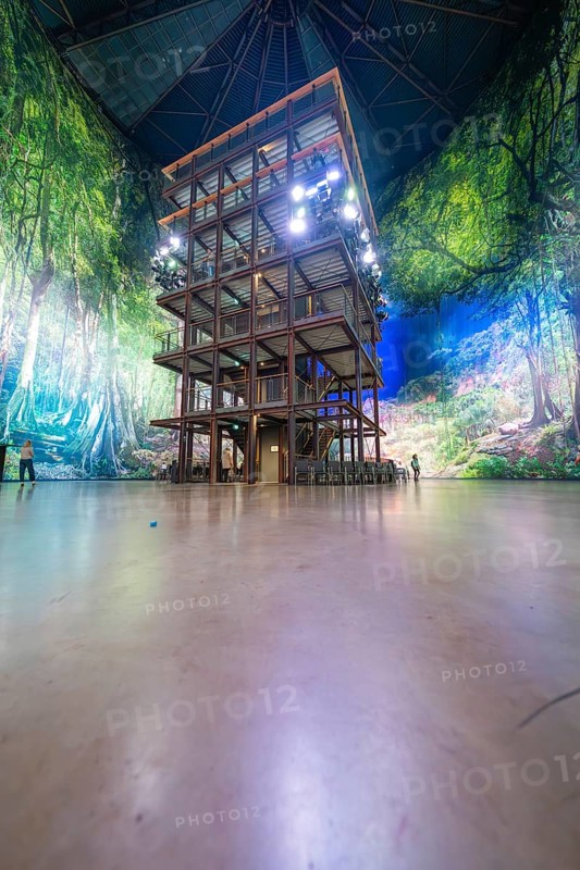 Large wooden structure in an interior surrounded by forest landscape wallpaper under a vaulted roof, Amazonia exhibition, Gasometer, Pforzheim, Germany