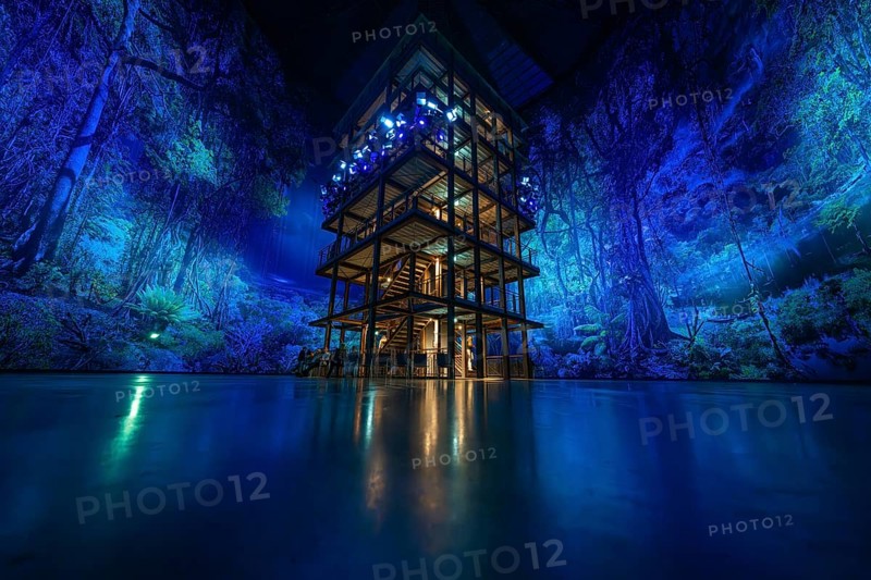A multi-storey wooden building with blue jungle projection and artificial lighting, Amazonia exhibition, Gasometer, Pforzheim, Germany