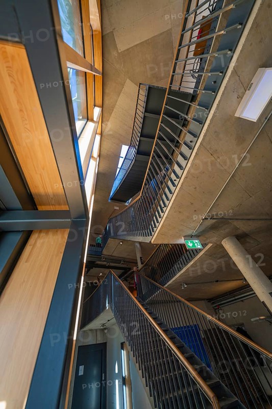 Innovative staircase with concrete walls and wood detailing, Amazonia exhibition, Gasometer, Pforzheim, Germany