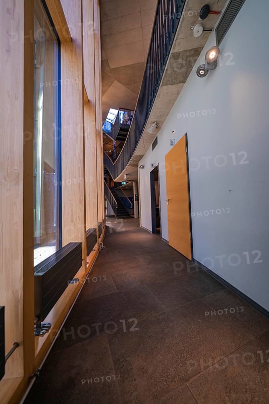 Modern interior with wooden paneling and elegant corridor, Amazonia exhibition, Gasometer, Pforzheim, Germany