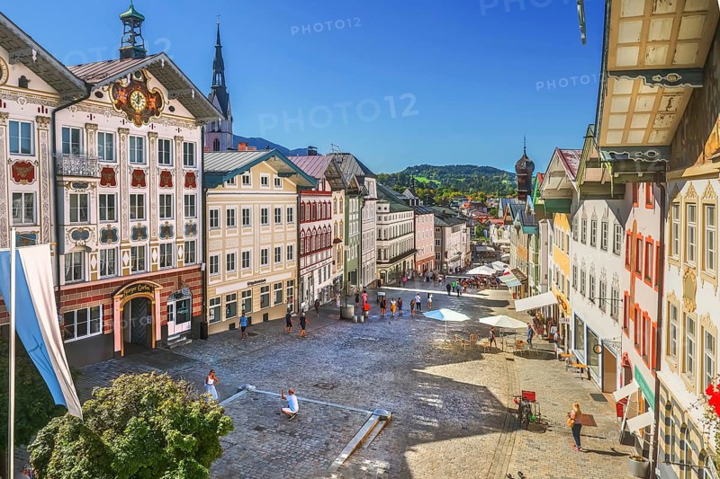 Historic market street with old town hall and typical gabled houses, Bad Tölz. Isartal, Upper Bavaria, Bavaria, Germany