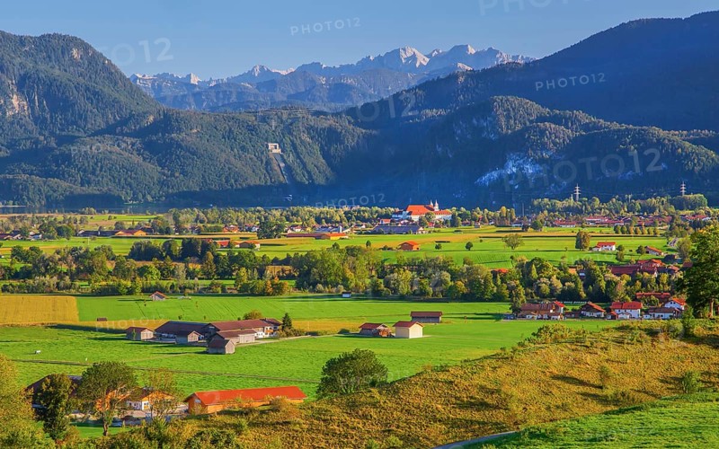 Landscape with view of the monastery village of Schlehdorf in the foothills of the Alps, GroÃŸweil, Loisachtal, Das Blaue Land, Upper Bavaria, Germany