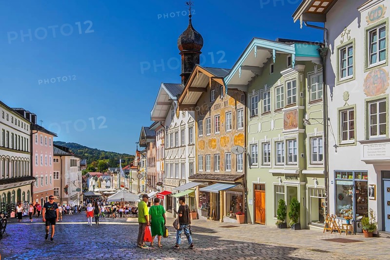 Historic market street with typical gabled houses, Bad Tölz. Isartal, Upper Bavaria, Bavaria, Germany