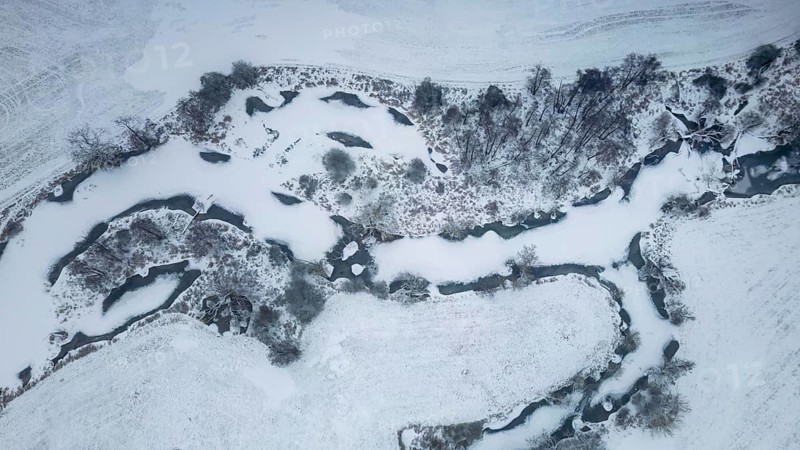 Winter landscape in frost, floodplain landscape, meander, icy, snowy, frost, frozen, river landscape, landscape view, aerial view, Germany from above, habitat, wonderful atmosphere, ice, snow, winter wonderland, close to nature, winter rest, Middle Elbe biosphere reserve, UNESCO World Heritage Site, Saxony-Anhalt