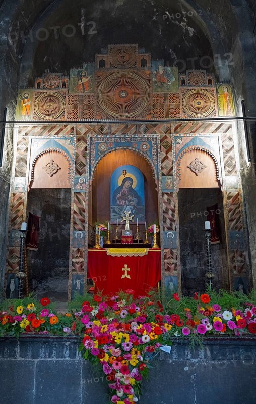 Artfully designed altar in a church, framed by colorful flowers and symbolic images, Sevanavank monastery, Sevan monastery, Gegharkunik province, Armenia