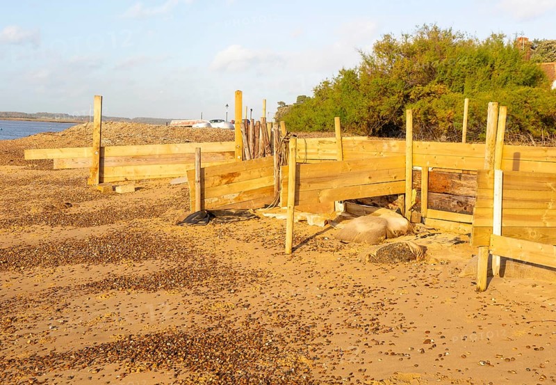 Temporary coastal defences erected by Bawdsey Haven Yacht Club, response to rapid erosion beach depletion, River Deben, Bawdsey, Suffolk, England, UK Nov 2025