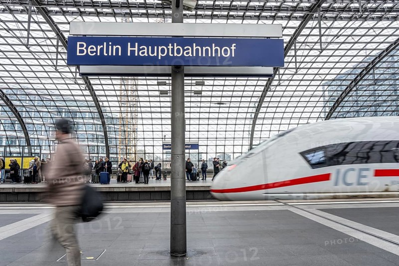Central Station in Berlin, passengers on the platform, ICE train arrives, Germany