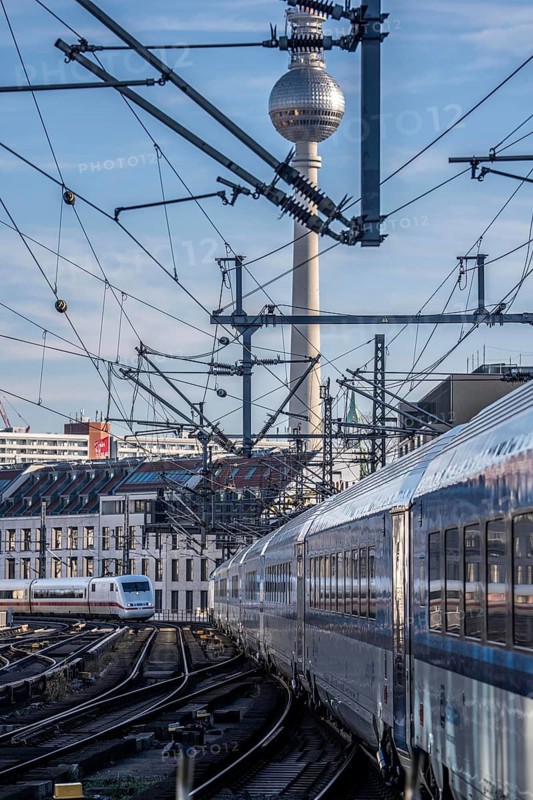 Railway line in Berlin, east of FriedrichstraÃŸe station, looking east, Berlin TV tower, ICE train on the line
