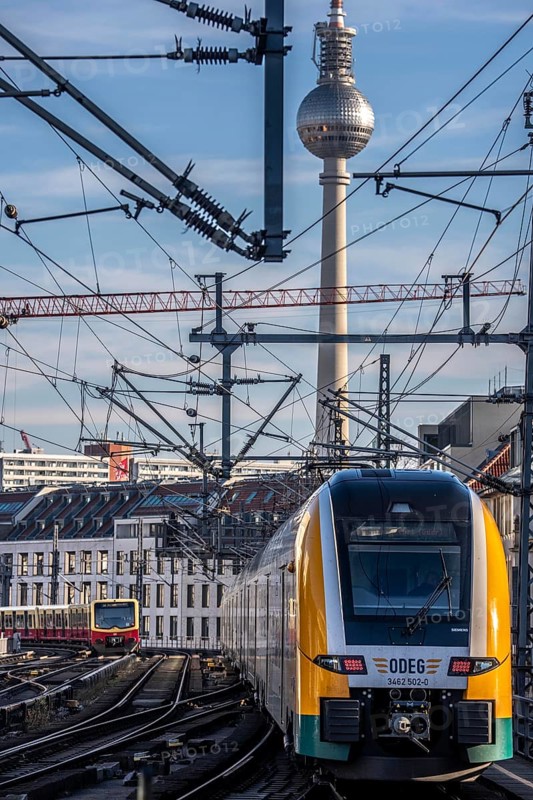 Railway line in Berlin, east of FriedrichstraÃŸe station, looking east, Berlin TV Tower, ODEG Zug on the line