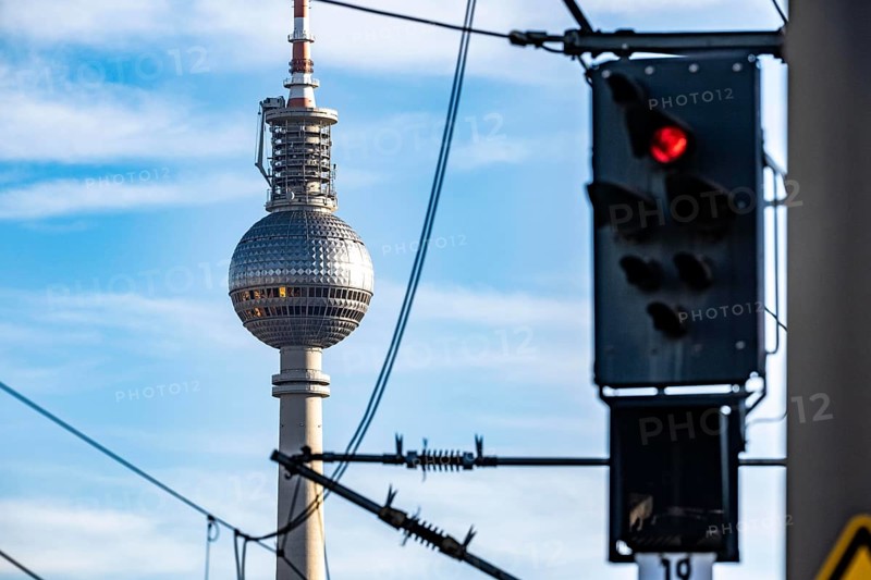 Railway line in Berlin, east of FriedrichstraÃŸe station, looking east, Berlin TV Tower