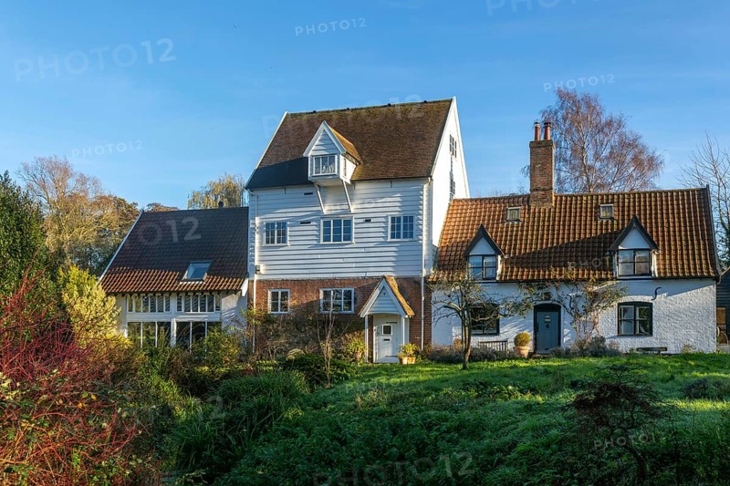Historic watermill and cottage buildings, Shottisham, Suffolk, England, UK