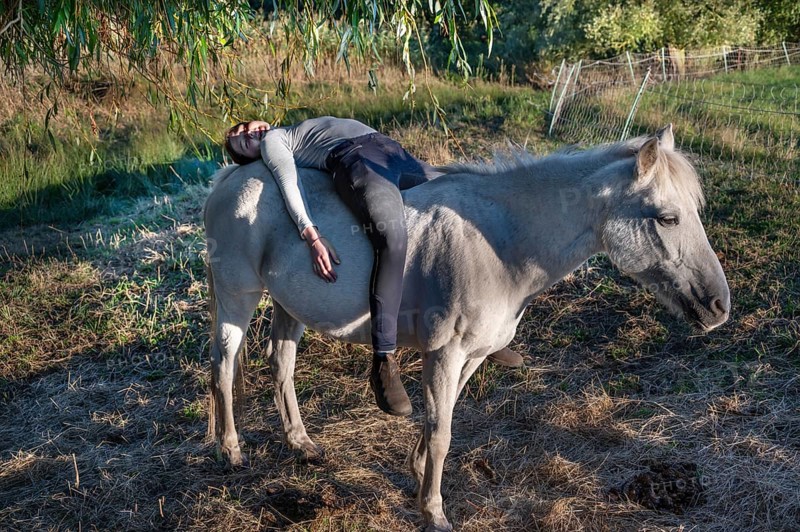Young girl lying on her white mare in the pasture, Othenstorf, Mecklenburg-Western Pomerania, Germany