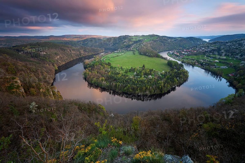 Sunset on spring evening at the loop of the Vltava (Vltava) View of Solenice Central Bohemia Czech Republic