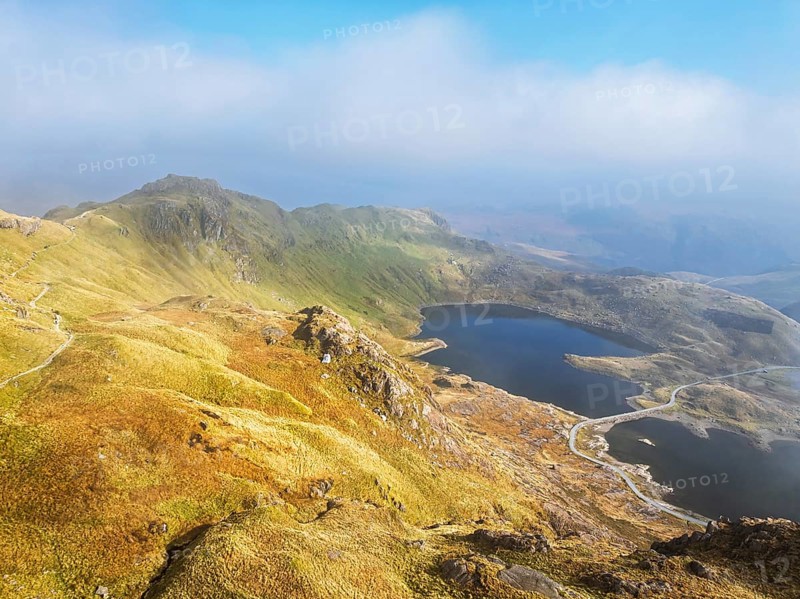 Pyg Track over Llyn Llydaw lake from a drone, Pen-y-Pass, mountain pass, Snowdonia, Gwynedd, north-west Wales, UK