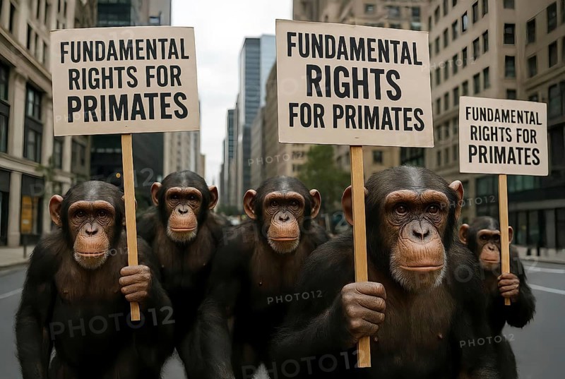 A group of chimpanzees demonstrates and demands basic rights for primates, symbolic image law, human right, animal right, protest, demonstration, appeal, law, justice, AI generated, AI generated