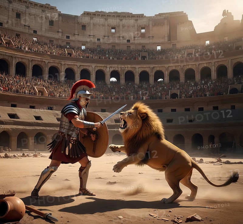 A gladiator with helmet, shield and sword fights against a lion in a Roman arena, symbol ancient, Roman, gladiator fights, Roman Empire, history, combat, sword fighting, AI generated, AI generated
