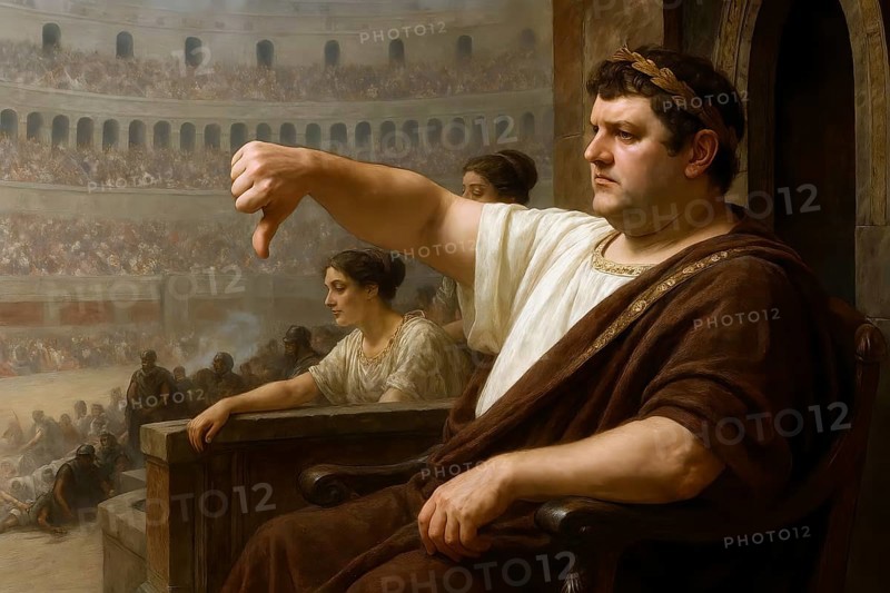 The Roman Emperor Nero lowers his thumbs in the ancient arena in which gladiator battles take place, symbolic image of Empire, Roman Empire, Colosseum, Antiquity, History, Historical, AI generated, AI generated