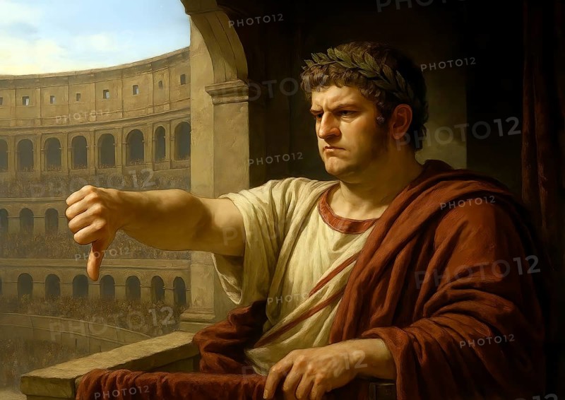 The Roman Emperor Nero lowers his thumbs in the ancient arena in which gladiator fights take place, symbolic image of Empire, Roman Empire, Colosseum, Antiquity, AI generated, AI generated