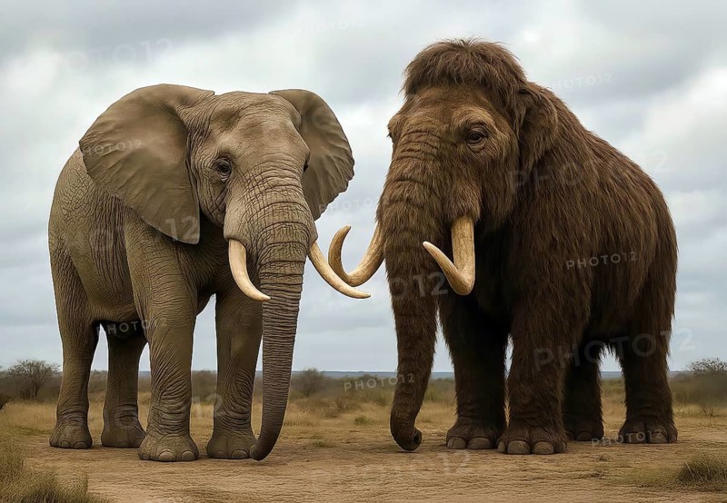 A mammoth (mammoth) and a modern African elephant, symbolic image woolly mammoth, mammoth primigenius, elephant, ice age, prehistoric, extinct, animal world, AI generated, AI generated, AI generated
