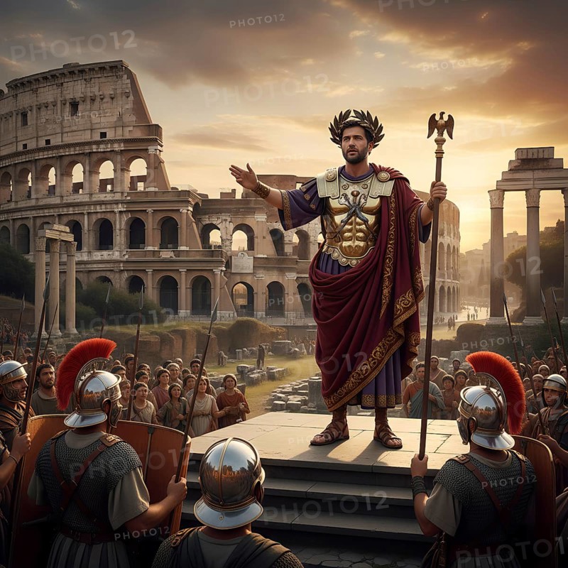A Roman emperor, an emperor, gives a speech in front of the Colosseum in Rome, symbolic image of the Roman Empire, antiquity, history, historical, general, AI generated, AI generated