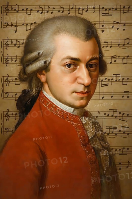 Portrait of composer Wolfgang Amadeus Mozart in front of musical notes, symbol of music, musician, genius, Viennese classical music, opera, symphony, concert, Salzburg, child prodigy, AI generated