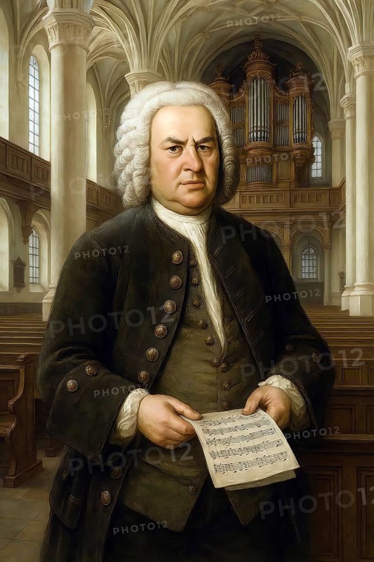 Portrait of Johann Sebastian Bach, composer and musician in a church, symbolic image music, musician, symphony, 9th symphony, St. Thomas Church Leipzig, AI generated, AI generated