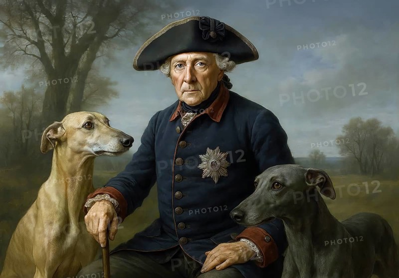 Portrait of the Prussian King Frederick II, Frederick the Great with his greyhounds, symbolic image of Hohenzollern, Prussia, kingdom, nobility, historical figure, AI generated, AI generated